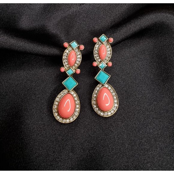Heidi Daus Crystal Drop Earrings With Coral & Turquoise Accents - Picture 1 of 5